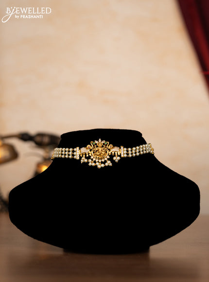 Pearl choker lakshmi design with kemp & cz stones and pearl hangings