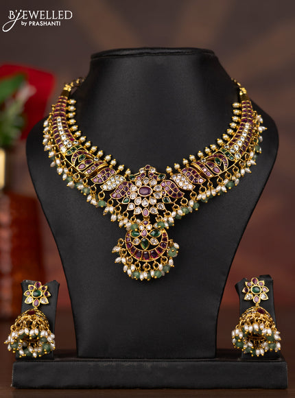 Antique necklace with kemp & cz stones and pearl & mint green beads hangings