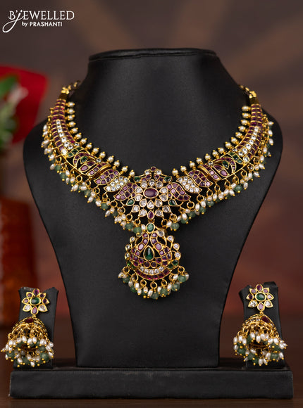 Antique necklace with kemp & cz stones and pearl & mint green beads hangings