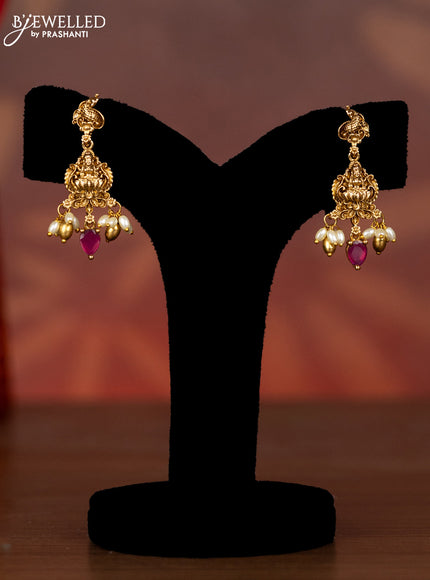 Antique necklace lakshmi design with kemp & cz stones and pearl & golden beads hangings