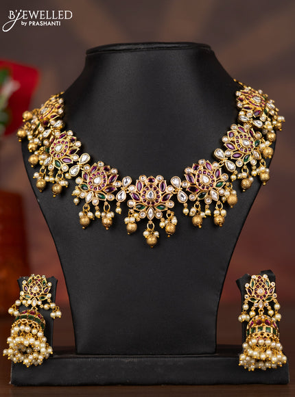 Antique necklace lotus design with kemp & kundan stones and pearl & golden beads hangings