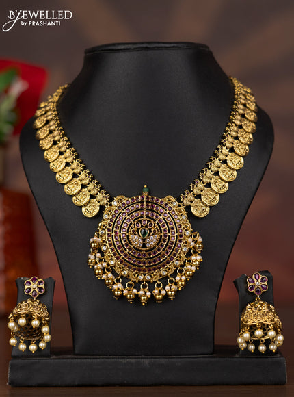 Antique necklace lakshmi kasu design with kemp & cz stones and pearl & golden beads hangings