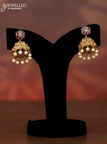 Antique necklace lakshmi kasu design with kemp & cz stones and pearl & golden beads hangings