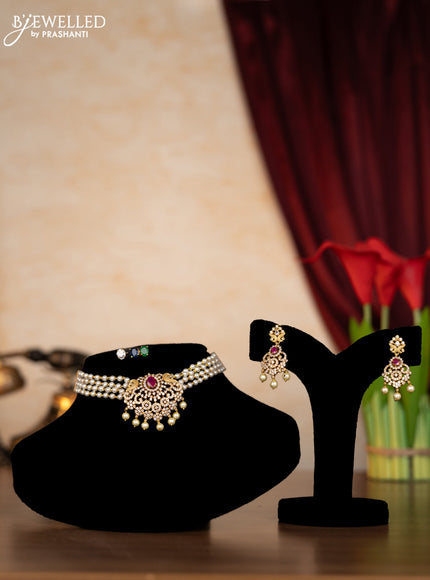 Pearl choker peacock design with multicolour & cz stones and pearl hangings