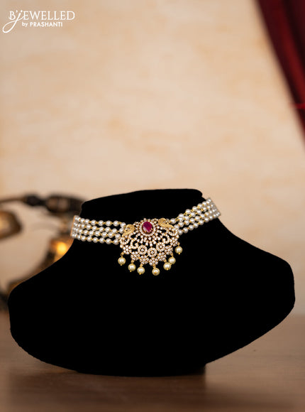 Pearl choker peacock design with multicolour & cz stones and pearl hangings