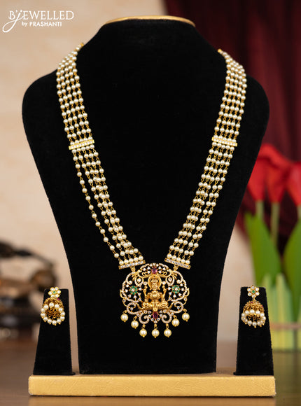 Pearl haaram lakshmi design with kemp & cz stones and pearl hangings