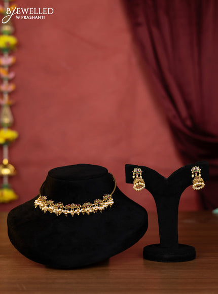 Antique ring type choker lotus design with kemp & kundan stones and pearl & golden beads hangings