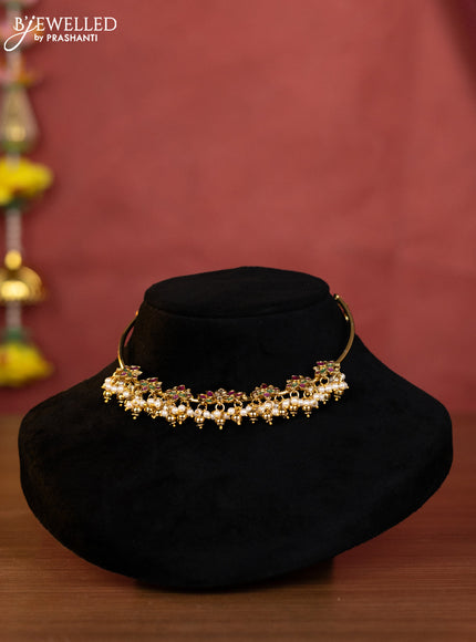 Antique ring type choker lotus design with kemp & kundan stones and pearl & golden beads hangings