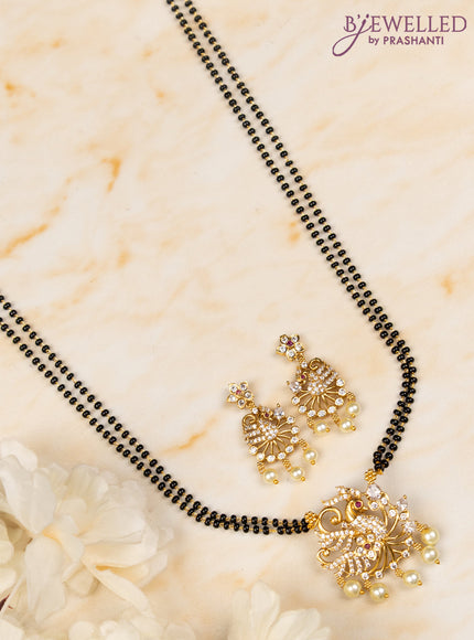 Mangalsutra double layer peacock design with ruby & cz stones and pearl hangings