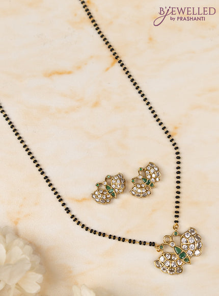 Mangalsutra double layer butterfly pendant with emerald and cz stones