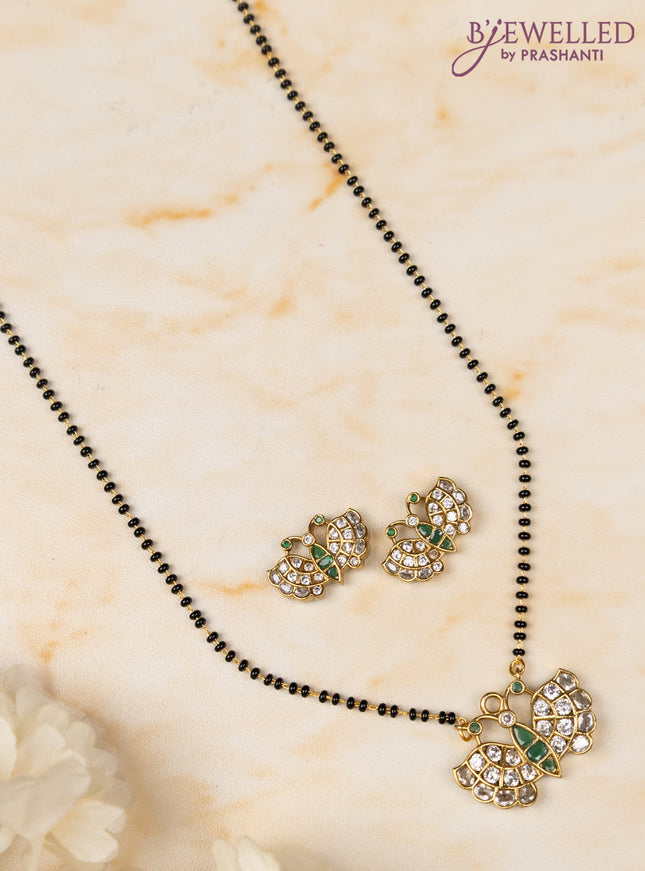 Mangalsutra double layer butterfly pendant with emerald and cz stones