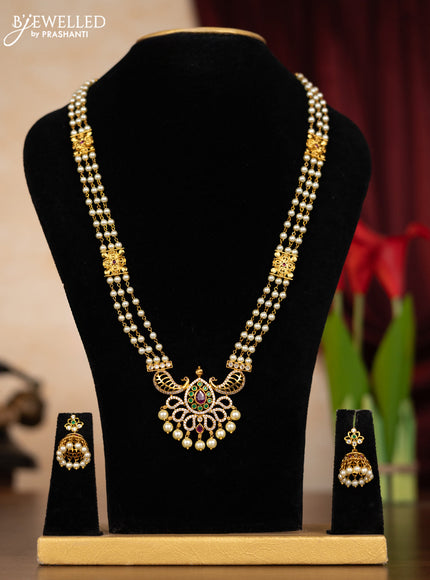 Pearl haaram with kemp & cz stones and pearl hangings