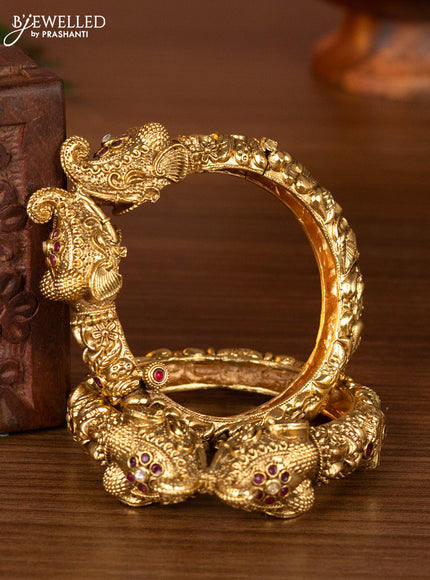 Antique kada bangles elephant design with ruby and kundan stones