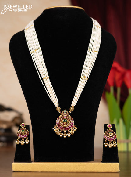 Pearl necklace reversible pendant lakshmi & chandbali design with kemp stones and golden beads hangings
