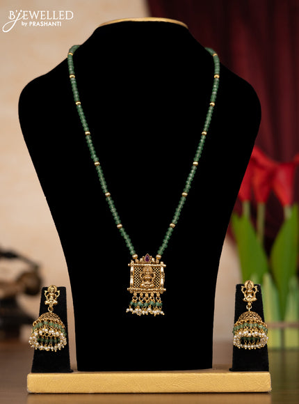 Beaded mint green necklace lakshmi pendant with ruby stones and pearl hangings