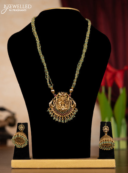 Beaded mint green necklace lakshmi pendant with kemp stones and beads hangings