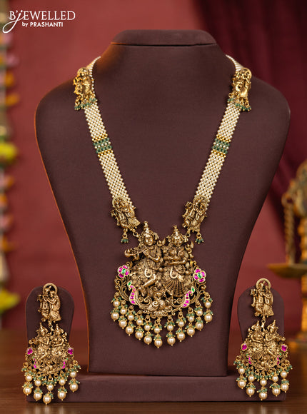 Pearl haaram radha krishna pendant with kemp jadau stones and pearl hangings