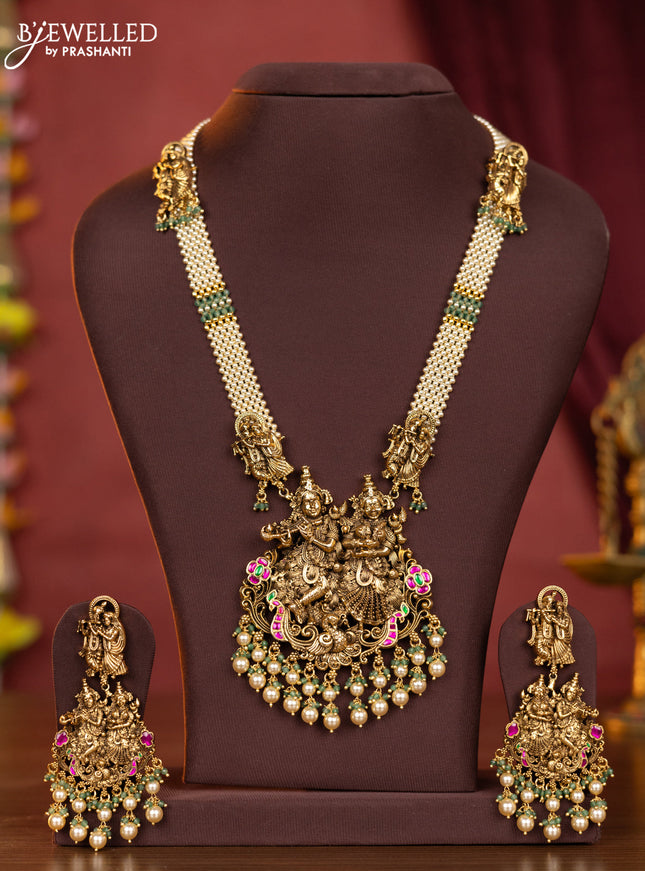 Pearl haaram radha krishna pendant with kemp jadau stones and pearl hangings