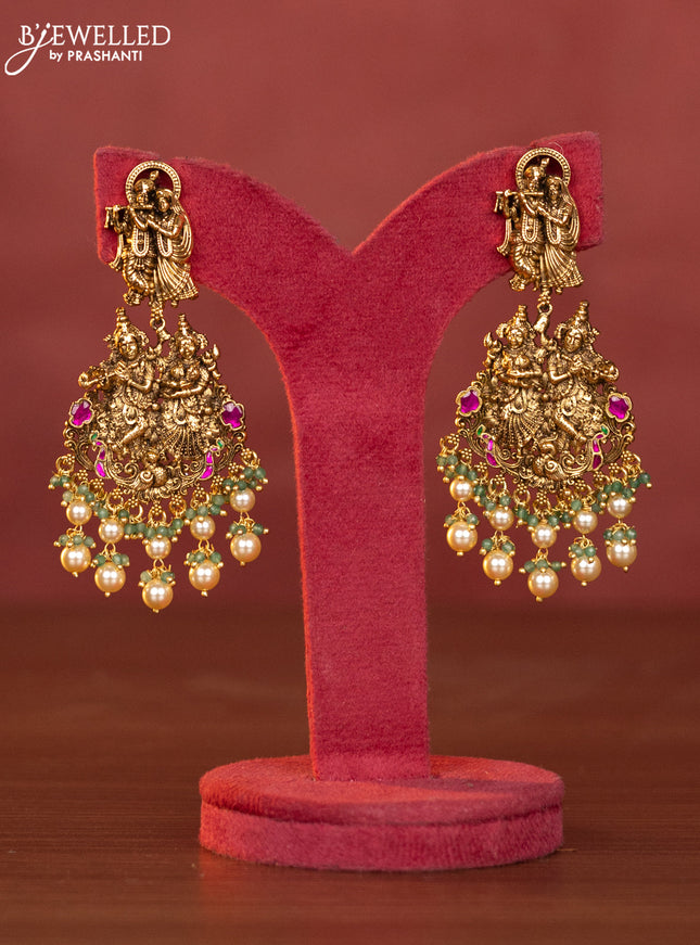 Pearl haaram radha krishna pendant with kemp jadau stones and pearl hangings