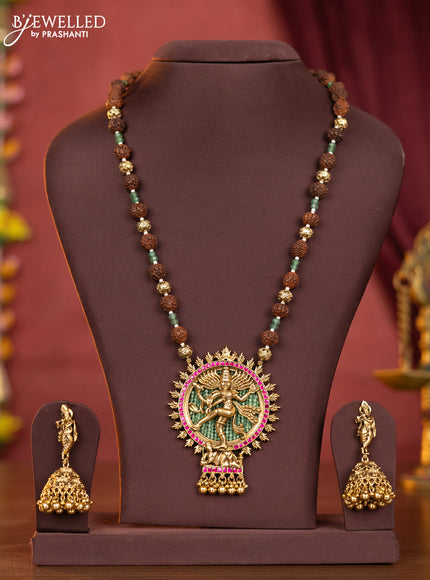 Antique rudhraksha mala nataraja pendant with pink jadau stones and golden beads hangings
