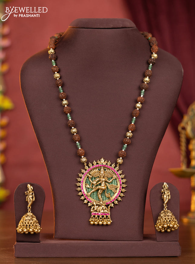 Antique rudhraksha mala nataraja pendant with pink jadau stones and golden beads hangings