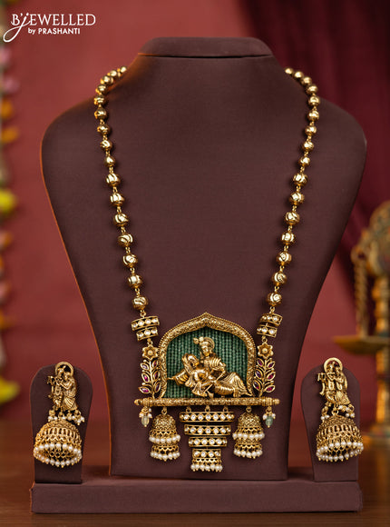 Antique haaram radha krishna pendant with ruby & kundan stones and pearl hangings