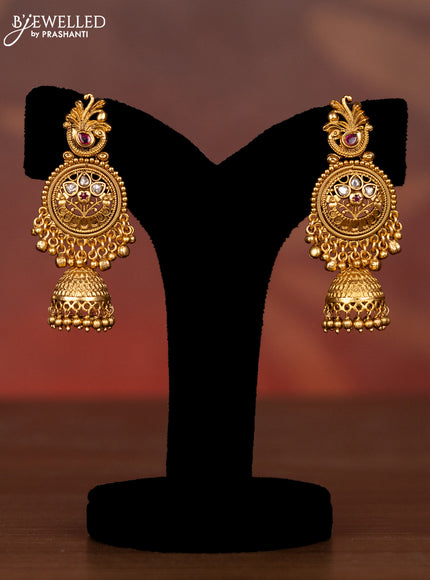 Antique necklace with elephant & peacock design with ruby & kundan stones and golden beads hangings