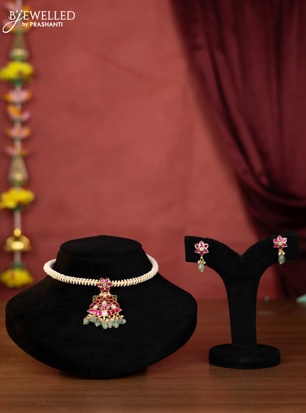Ring type choker peacock design with kemp jadu kundan stones and mint green beads hangings