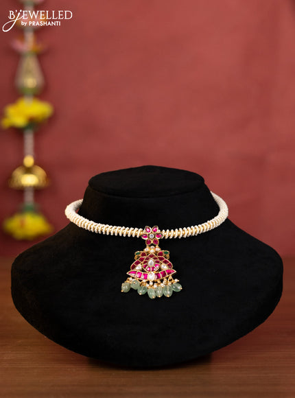 Ring type choker peacock design with kemp jadu kundan stones and mint green beads hangings
