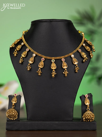 Antique attigai necklace with kemp jadau & cz stones and golden beads hangings