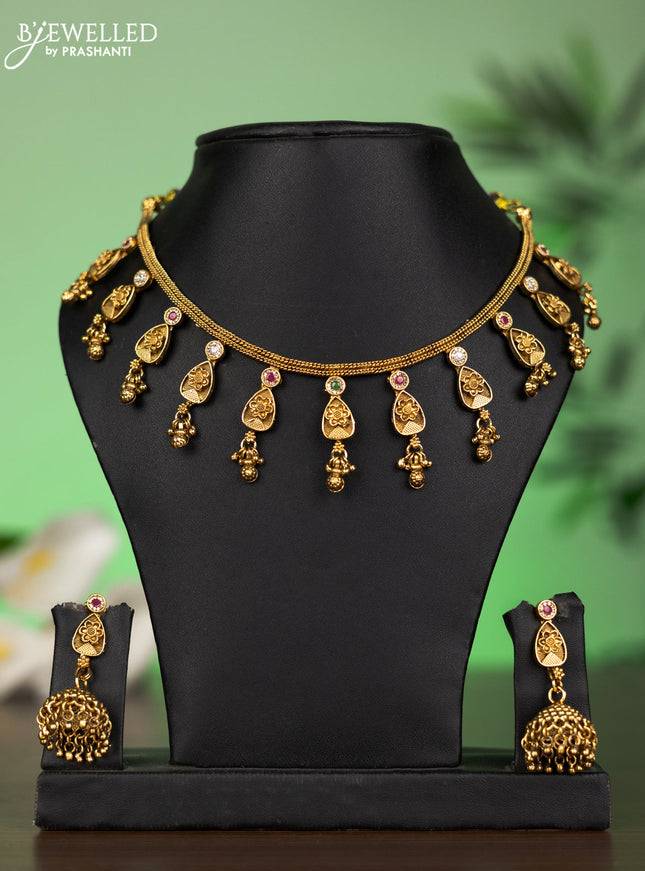 Antique attigai necklace with kemp jadau & cz stones and golden beads hangings