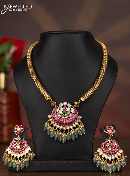 Antique necklace chandbali design with kemp jadau kundan stones and mint green beads hangings