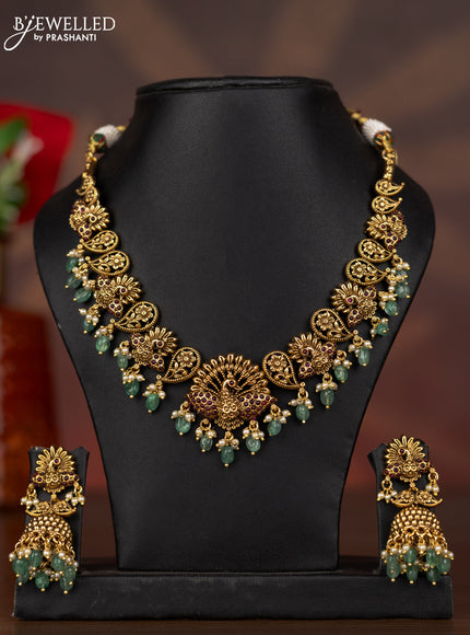 Antique necklace peacock design with pink kemp stones and mint green beads hangings