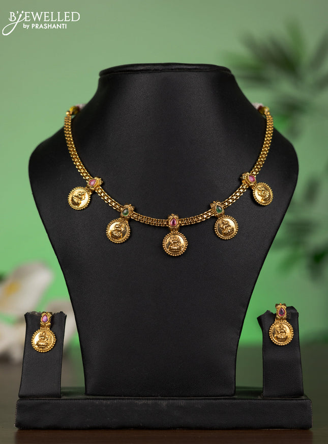 Antique attigai necklace with lakshmi kasu design and kemp stones