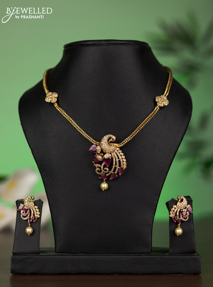 Antique attigai necklace peacock design with pink kemp & cz stones and pearl hanging