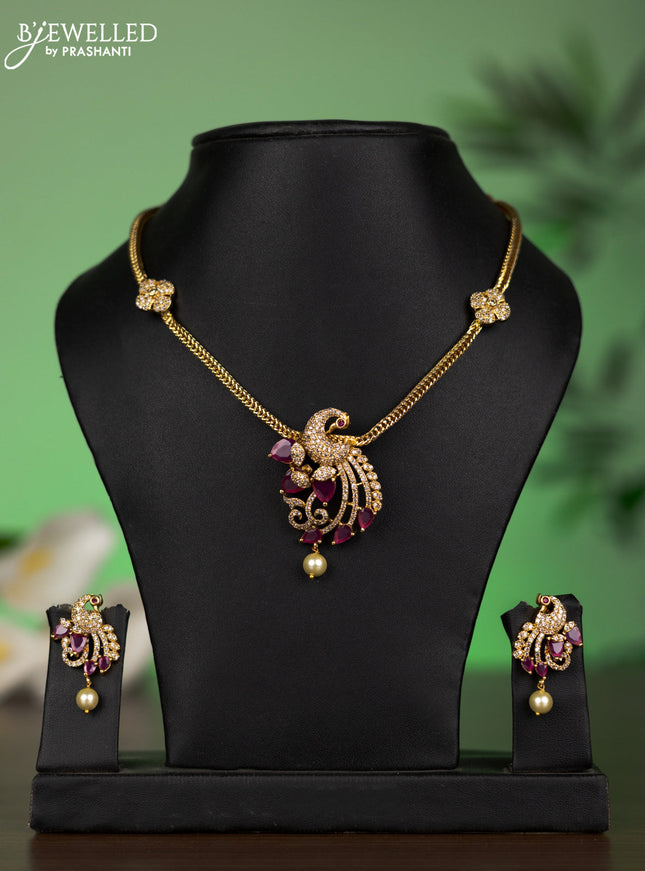 Antique attigai necklace peacock design with pink kemp & cz stones and pearl hanging