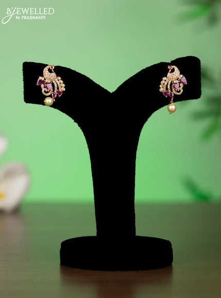 Antique attigai necklace peacock design with pink kemp & cz stones and pearl hanging