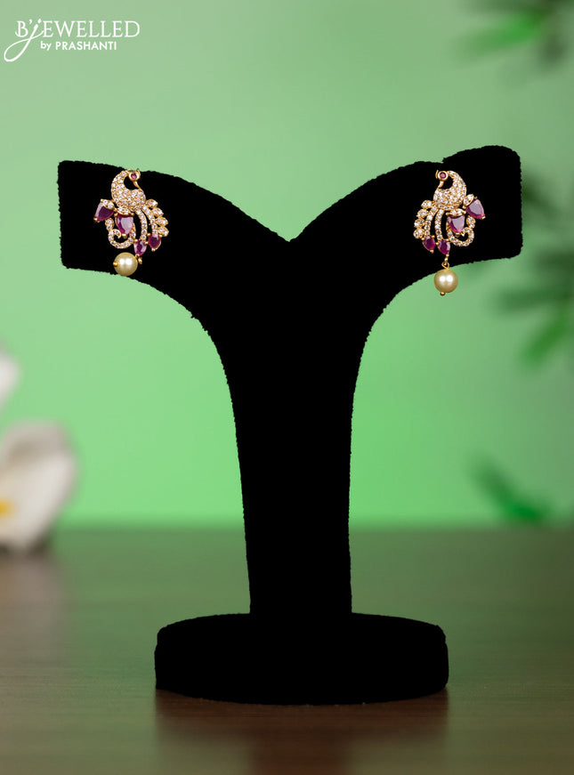Antique attigai necklace peacock design with pink kemp & cz stones and pearl hanging