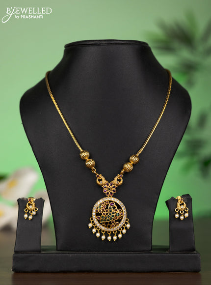 Antique attigai necklace peacock design with kemp & cz stones and pearl hangings
