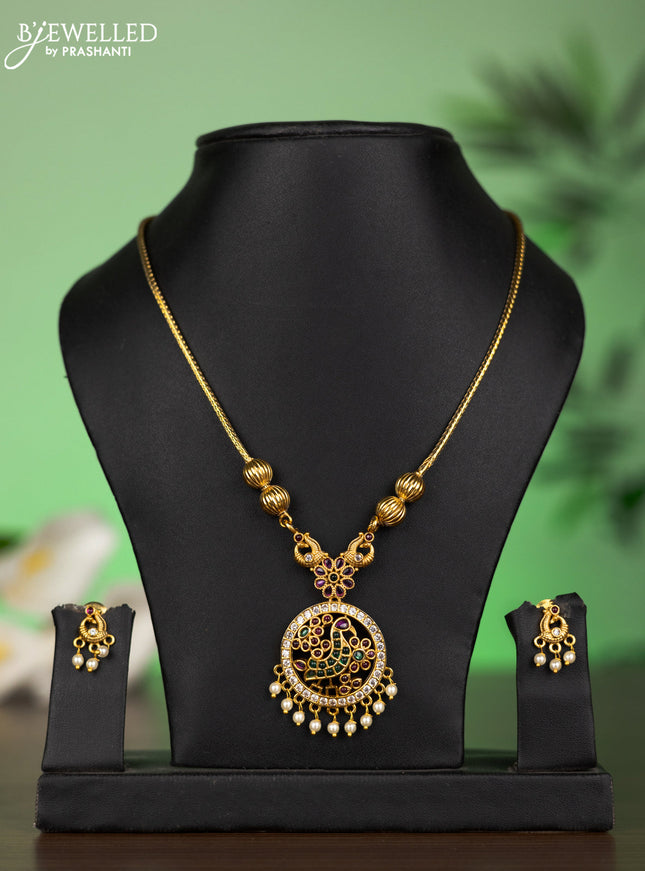 Antique attigai necklace peacock design with kemp & cz stones and pearl hangings
