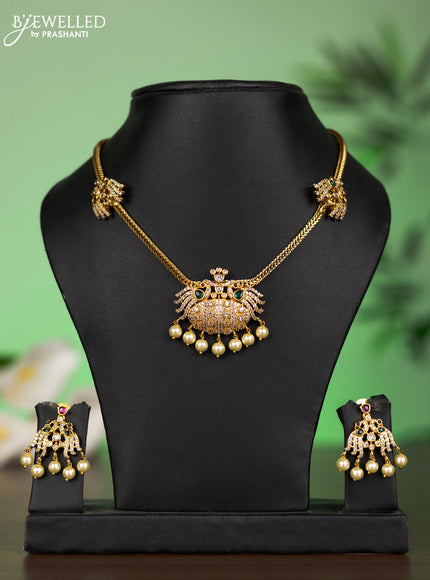 Antique attigai necklace peacock design with kemp & cz stones and pearl hangings