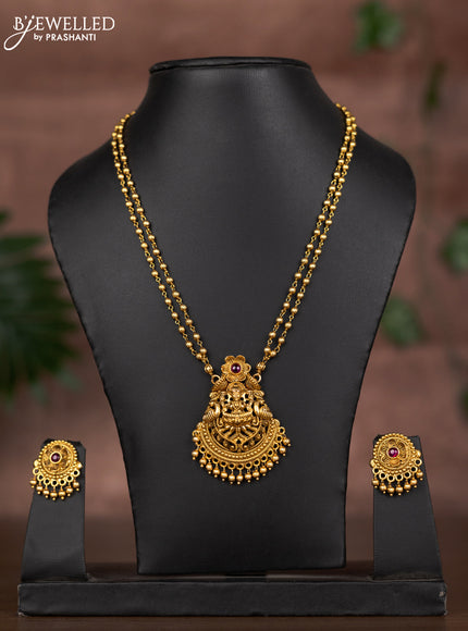 Antique double layer chain lakshmi pendant with ruby stone and golden beads hangings