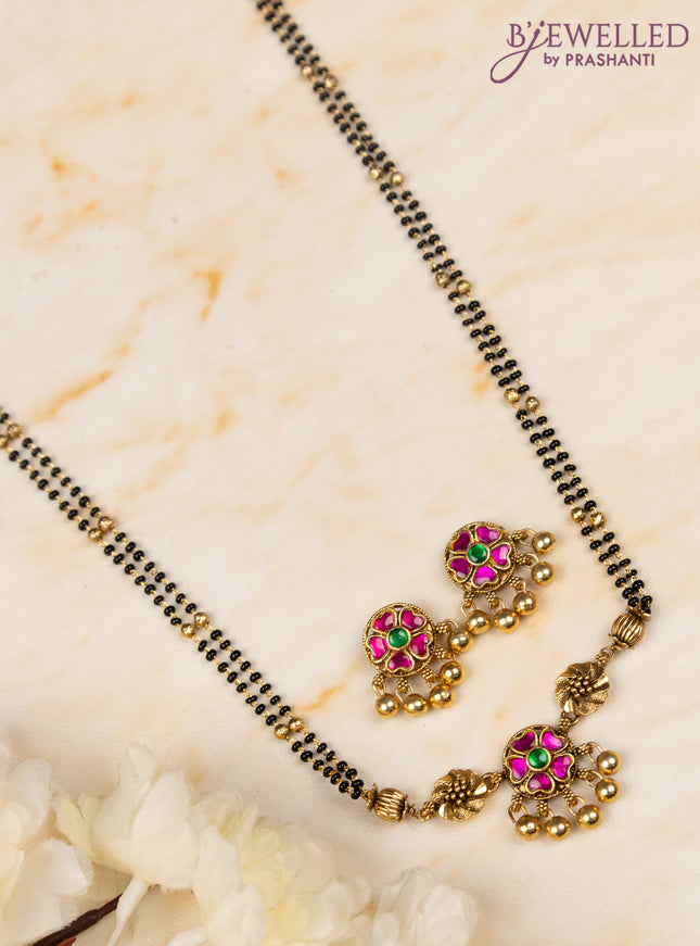 Mangalsutra double layer floral design with kemp jadau stones and golden beads hangings