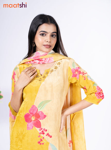 Crepe silk salwar suit lime yellow with placement prints & embroidery beaded work neck pattern and straight cut pant & dupatta