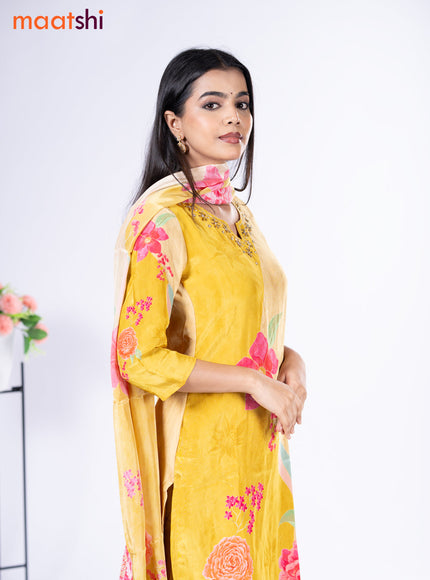 Crepe silk salwar suit lime yellow with placement prints & embroidery beaded work neck pattern and straight cut pant & dupatta