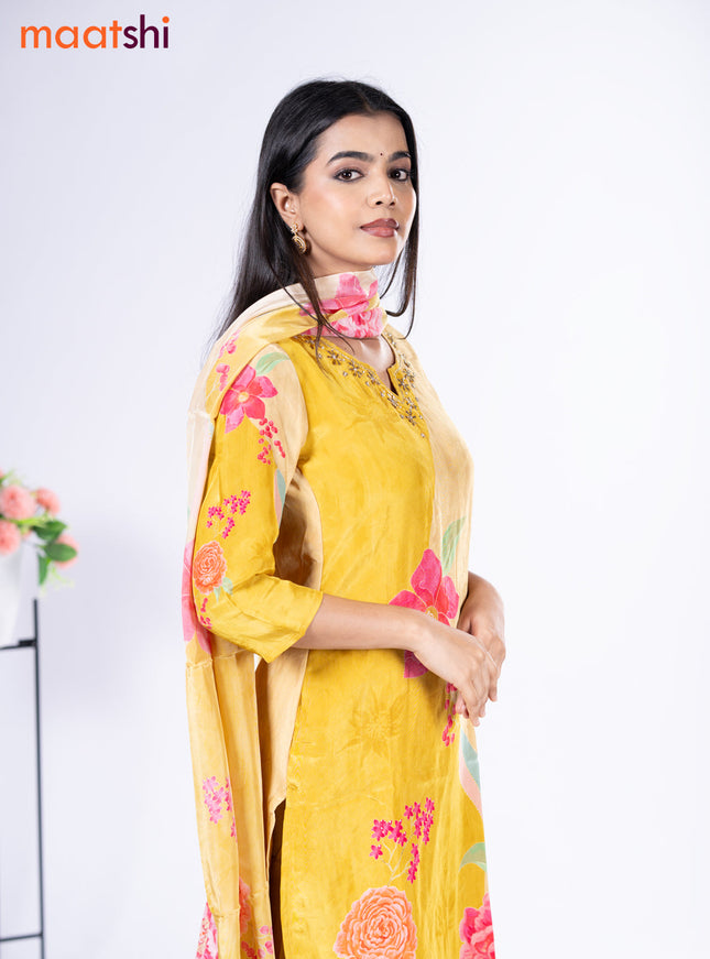 Crepe silk salwar suit lime yellow with placement prints & embroidery beaded work neck pattern and straight cut pant & dupatta