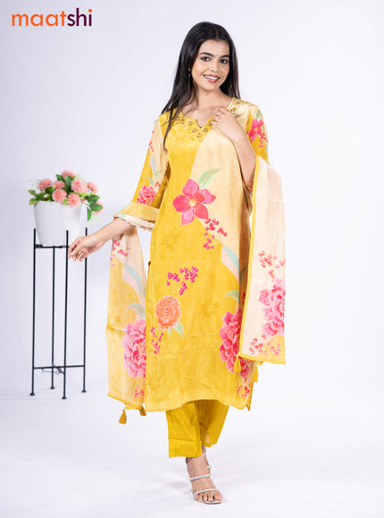 Crepe silk salwar suit lime yellow with placement prints & embroidery beaded work neck pattern and straight cut pant & dupatta