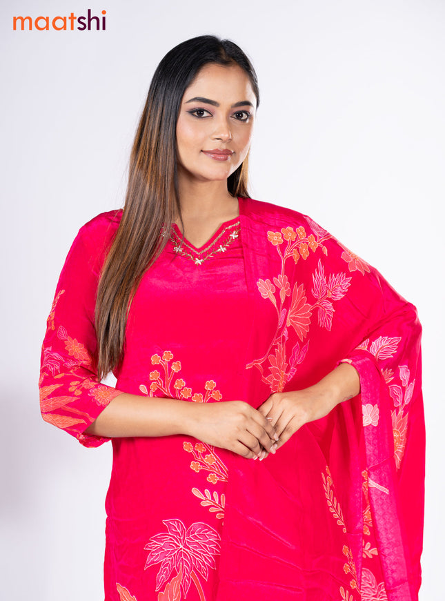 Crepe silk salwar suit pink with placement prints & beaded work neck pattern and straight cut pant & dupatta