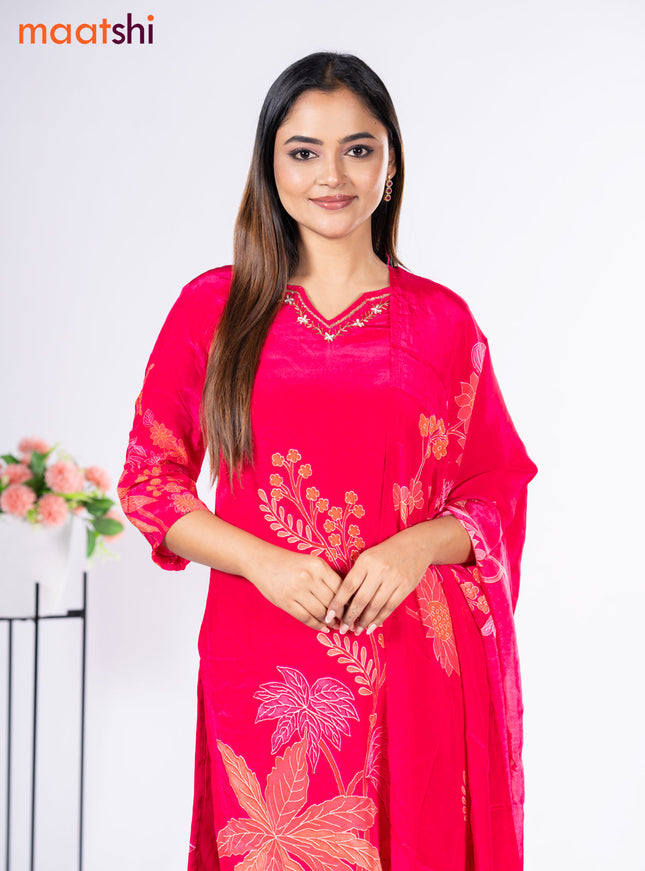Crepe silk salwar suit pink with placement prints & beaded work neck pattern and straight cut pant & dupatta