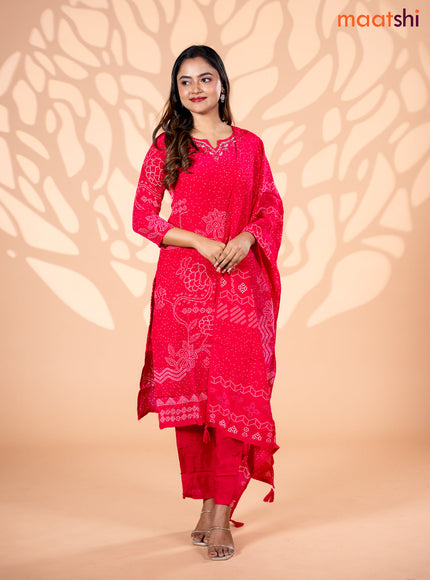 Crepe silk salwar suit pink with allover bandhani prints & beaded work neck pattern and straight cut pant & dupatta